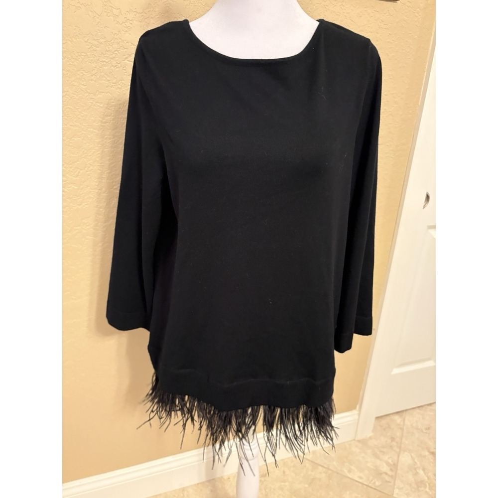 Chicos Black Knit Top With Feathered Hem,‎ Size 1- Medium